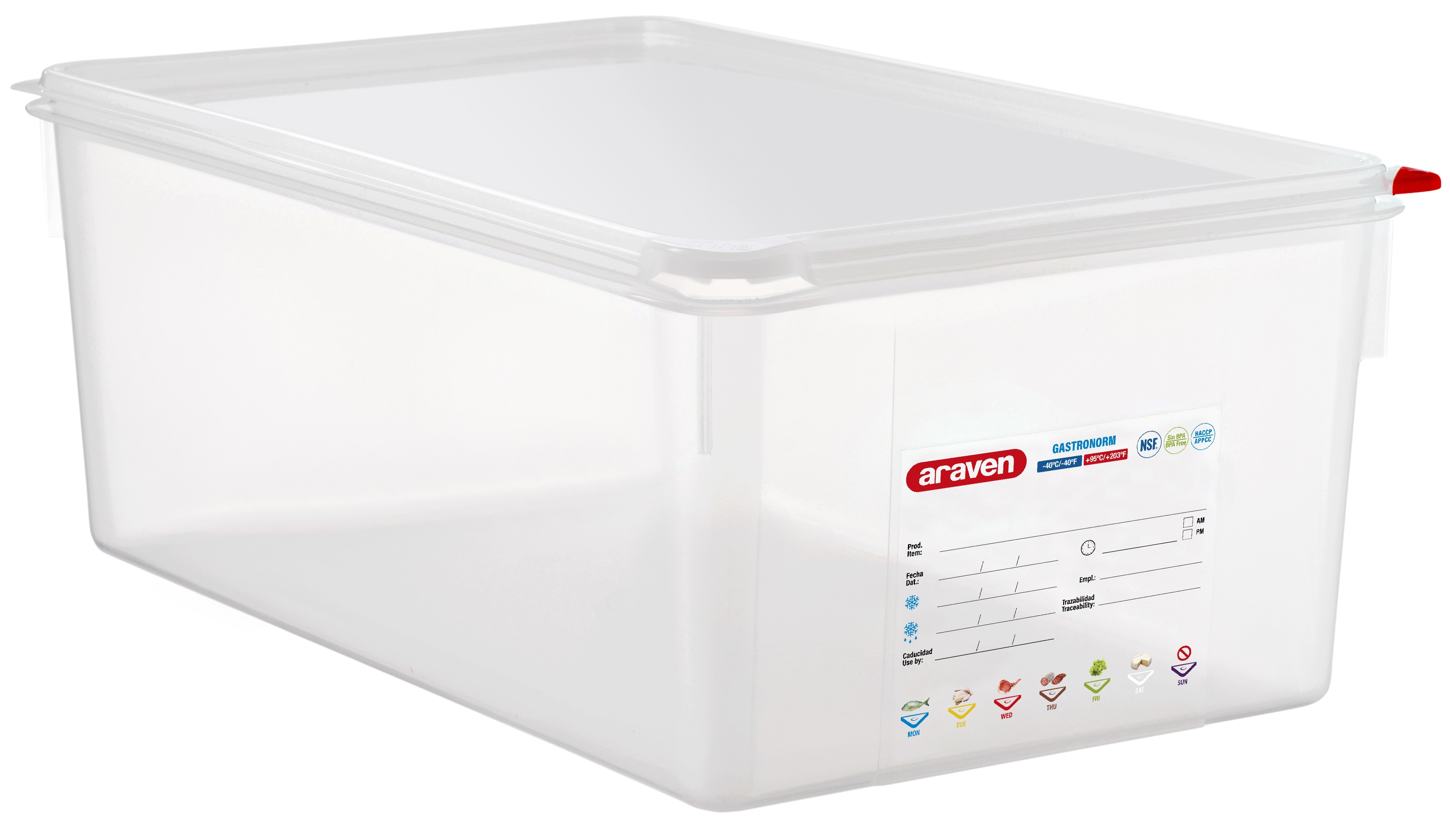 Hermético de polipropileno. Dimensiones: Grastronorm 1/1 (530x325 mm). 27,5  litros. Altura 200 mm. Araven 03038 (1 unidad)