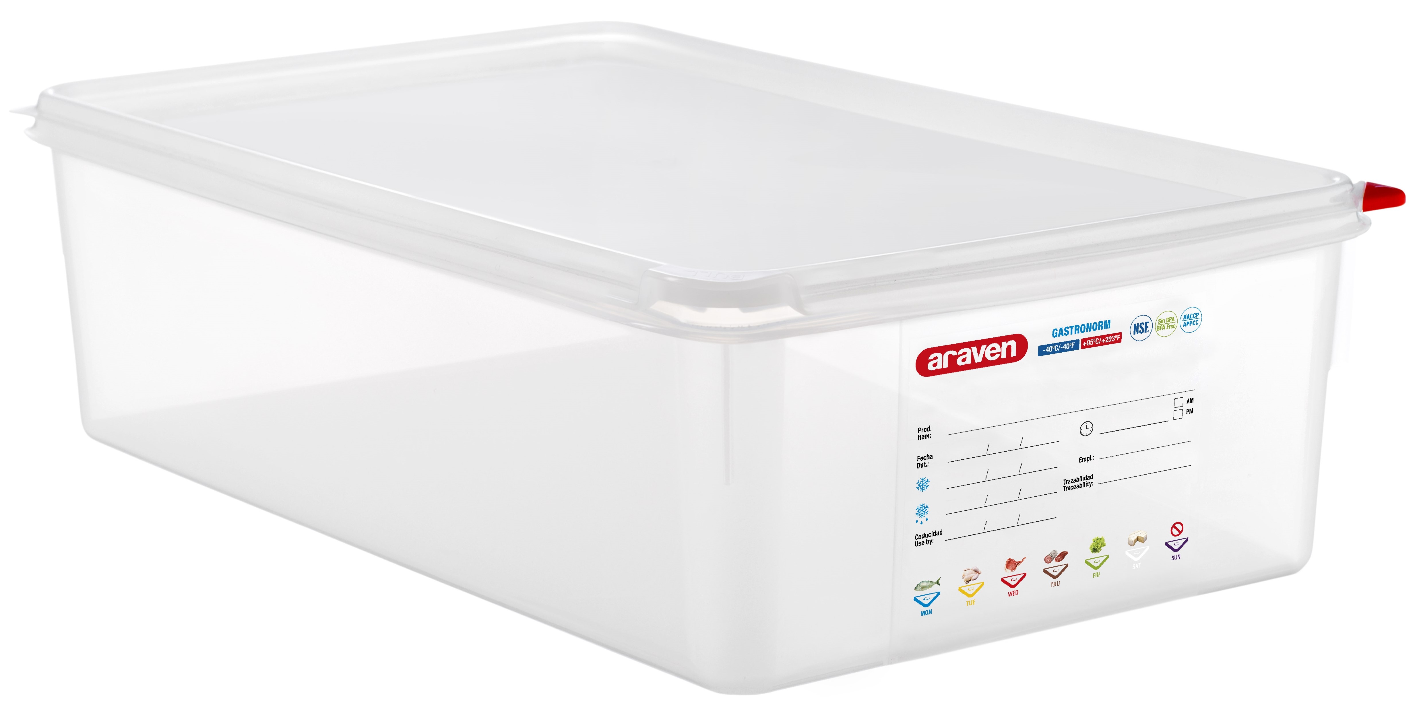 Hermético de polipropileno. Dimensiones: Grastronorm 1/1 (530x325 mm). 20,5  litros. Altura 150 mm. Araven 03037 (1 unidad)