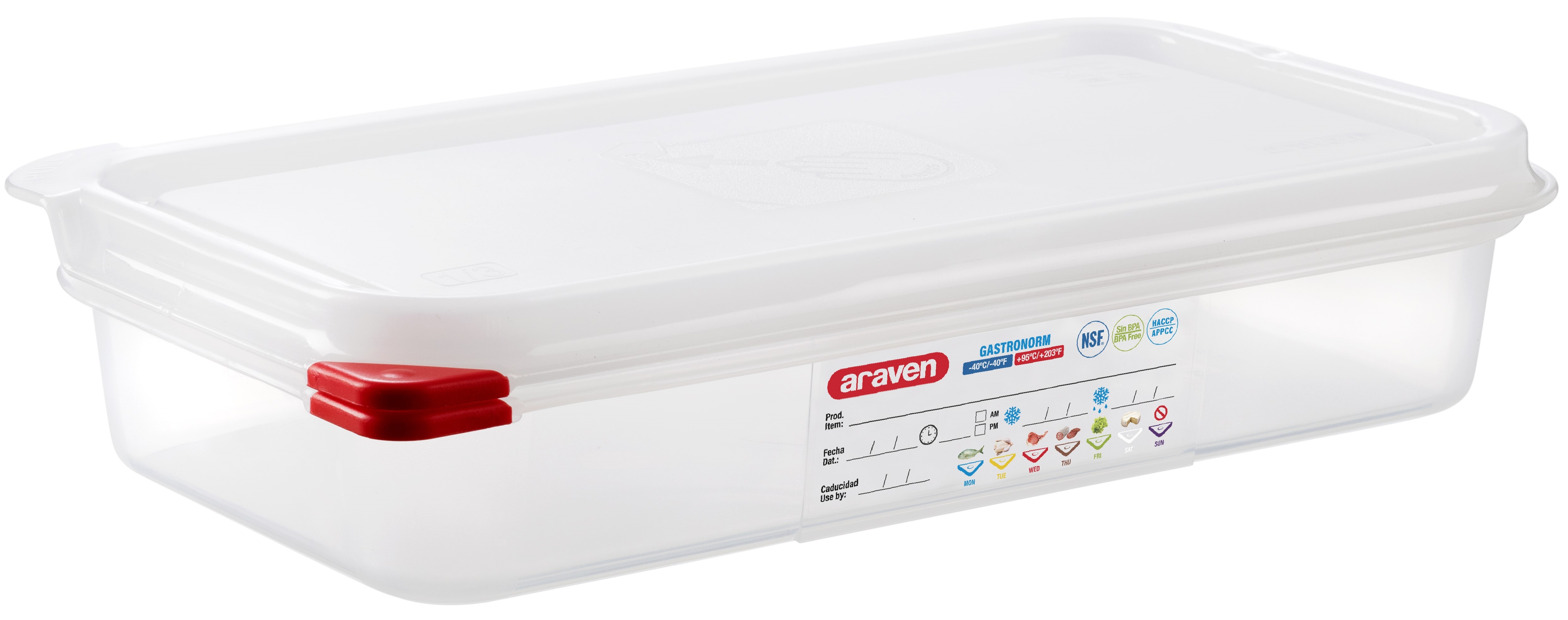 Hermético de polipropileno. Dimensiones: Grastronorm 1/3 (265x162 mm). 2,5 litros. Altura 65 mm. Araven 03029 (1 unidad)